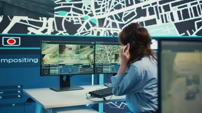 Un'operatrice indossa le cuffie davanti a monitor che mostrano flussi video di sorveglianza e mappe stradali digitali.