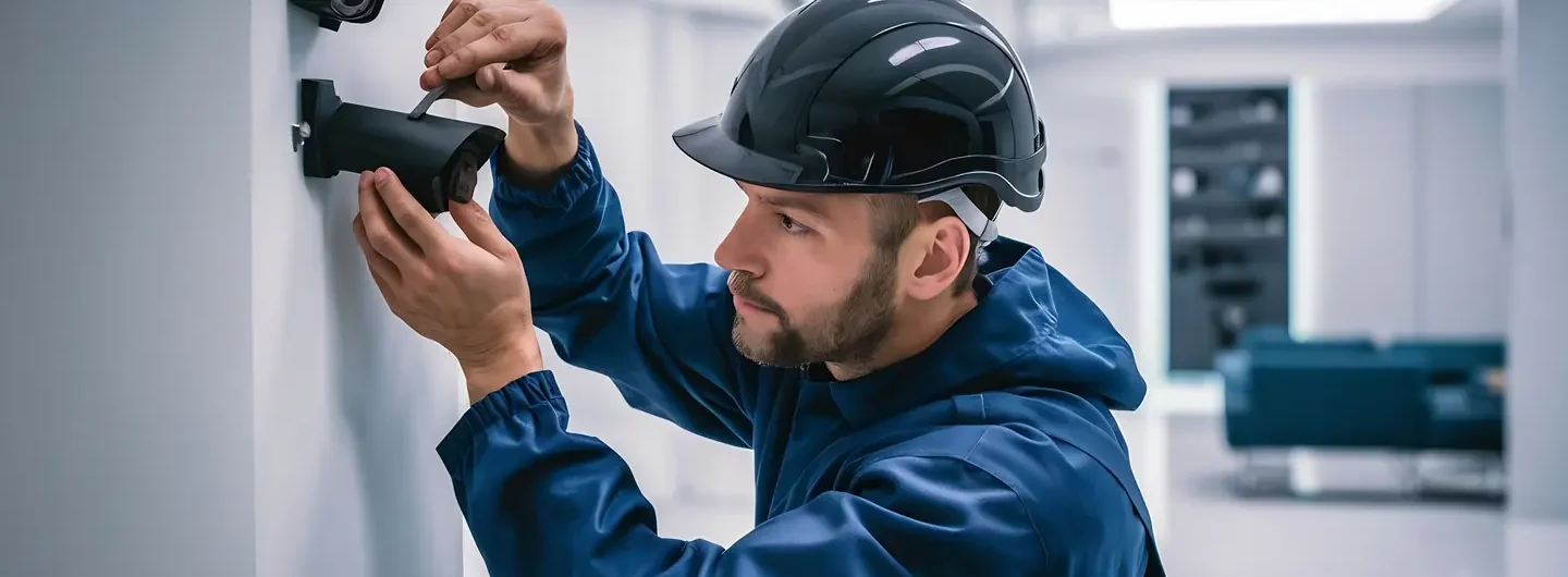 Un tecnico specializzato indossa un casco protettivo mentre installa una telecamera di sorveglianza su una parete bianca.