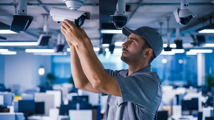 Un tecnico specializzato installa una telecamera di sicurezza a soffitto in un ufficio.