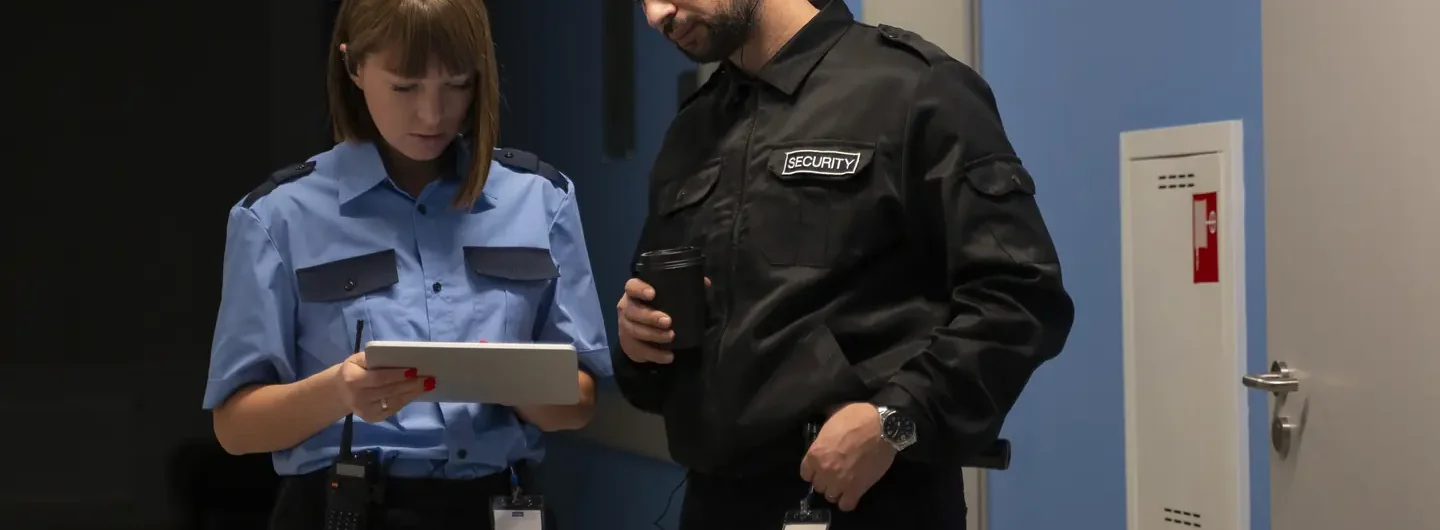 Due operatori della sicurezza Cosmopol in uniforme consultano un tablet durante il turno di pattugliamento.
