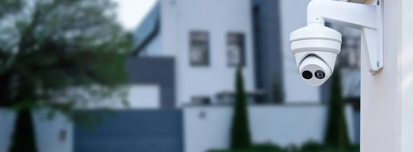 Una telecamera di sorveglianza bianca montata su una parete esterna che inquadra un edificio residenziale sfocato.