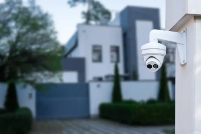Una telecamera di sorveglianza bianca montata su una parete esterna che inquadra un edificio residenziale sfocato.