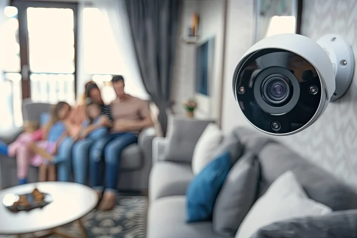 Una telecamera di sicurezza installata a parete monitora una famiglia che si rilassa nel soggiorno di casa.
