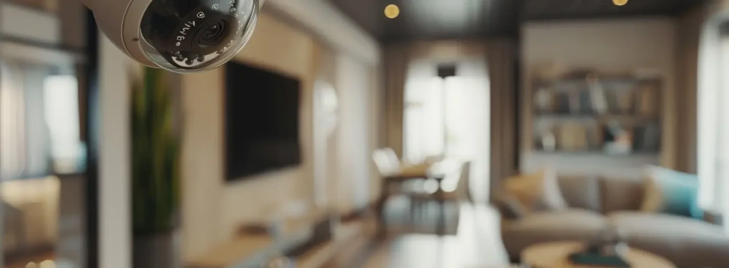 Una telecamera di sicurezza a cupola installata sul soffitto che monitora un soggiorno moderno e luminoso.