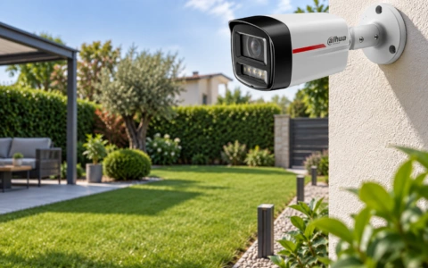Telecamera di sorveglianza Dahua installata su una parete esterna che monitora un giardino privato.
