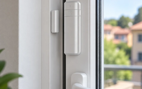 Sensore magnetico per antifurto domestico installato su un infisso bianco per la protezione di porte e finestre.