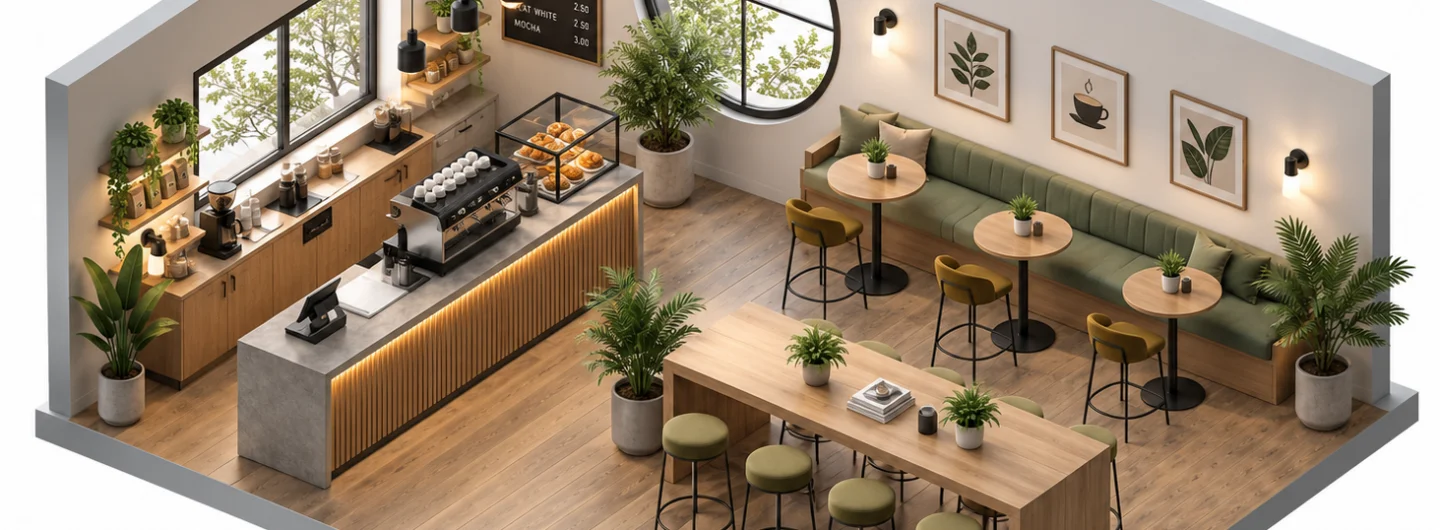 Vista isometrica di una caffetteria moderna con bancone, tavoli in legno e piante, protetta dai sistemi di sicurezza Cosmopol.