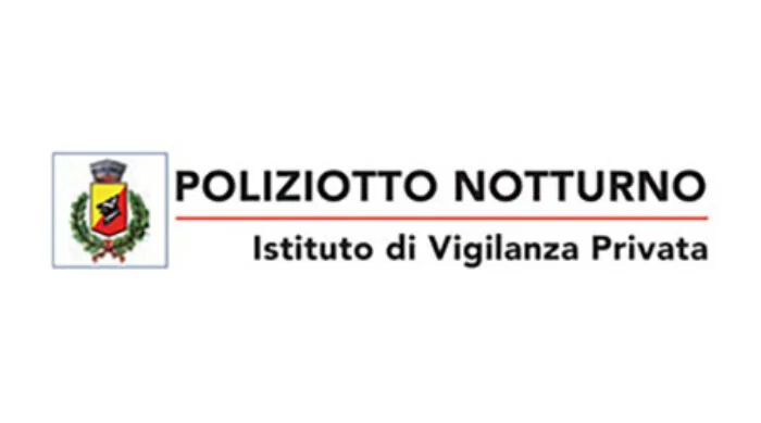 Logo aziendale di Poliziotto Notturno con stemma araldico e testo su fondo bianco.